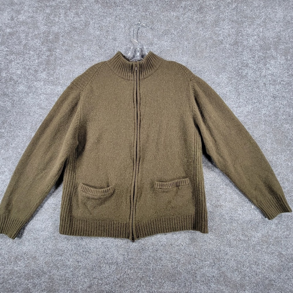 Viyella Full Zip Sweater Mens L Olive Green Ribbed Lambs Wool Elbow Patches
